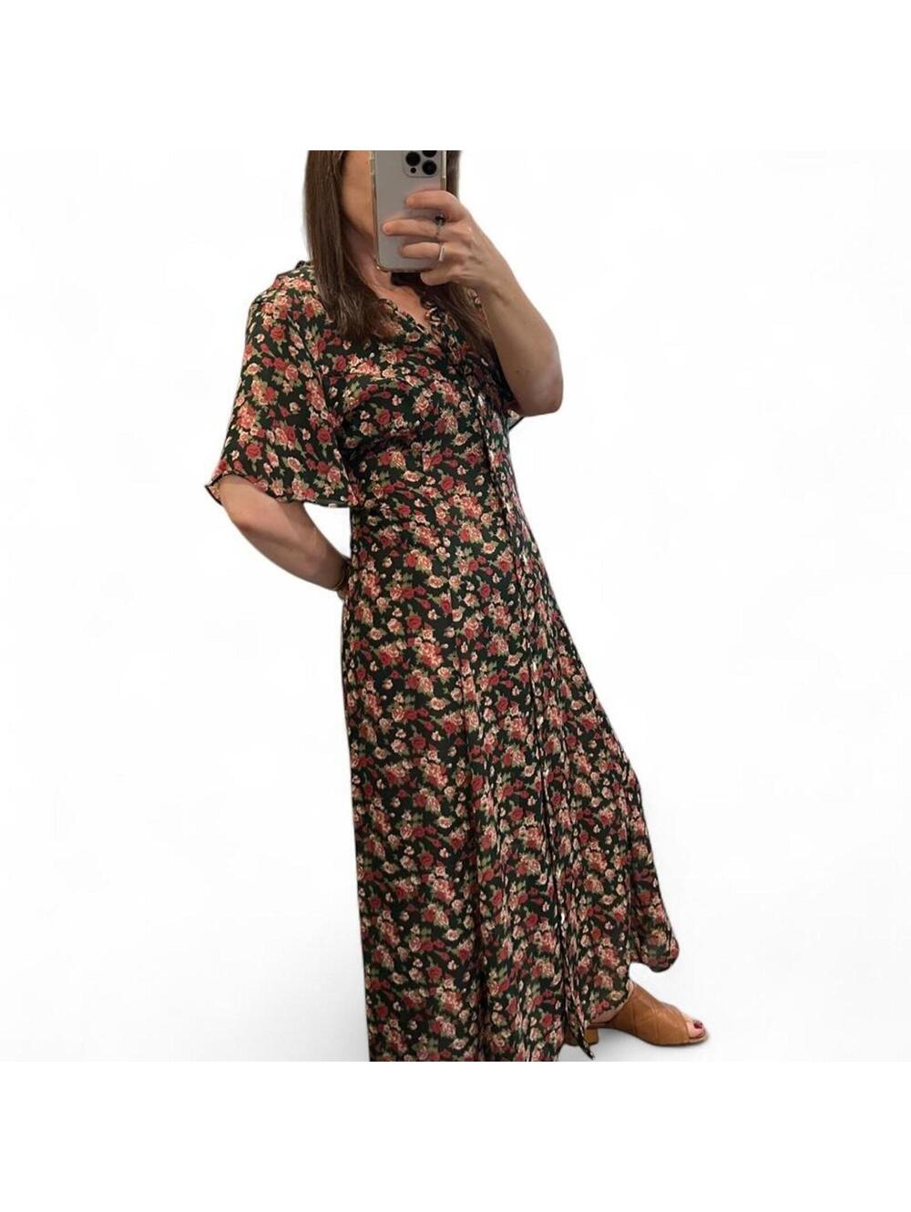 Vintage 90s Dark Floral Rose Print Maxi Dress Cottagecore Grunge Fairy